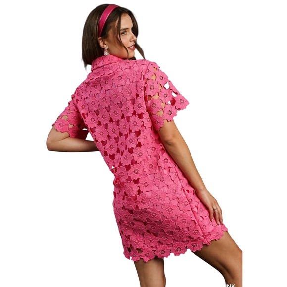 Umgee USA NWT Pink Floral Lace Mini‎ Dress Short Sleeve Shirt Dress Womens Small - Picture 2 of 13